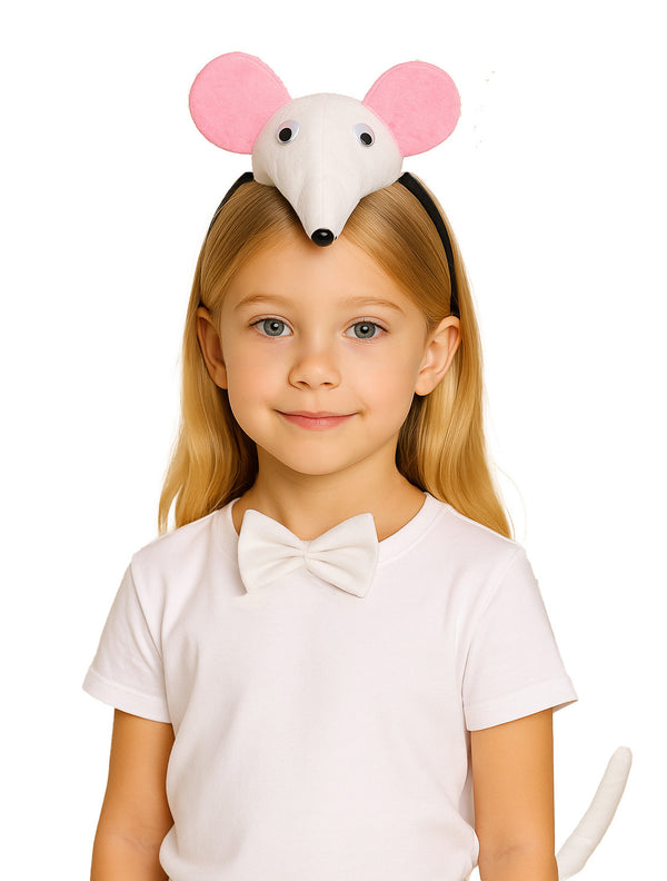 Kids White Mouse Costume Set - Rat Headband, Bow Tie & Tail