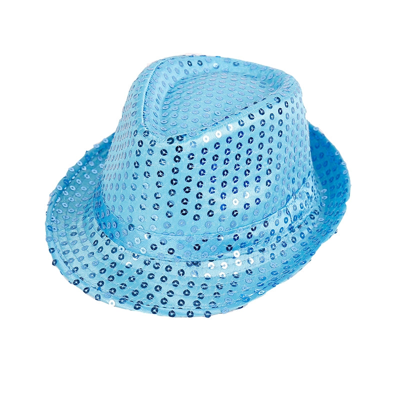 Kids Light Blue Sequin Fedora Hat - LED Light-Up Disco Party Accessory