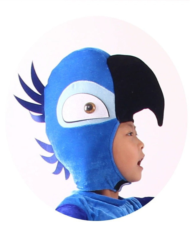 Kids blue macaw parrot headpiece with sculptural black beak, layered blue feather spikes and printed eye detail on a child model
