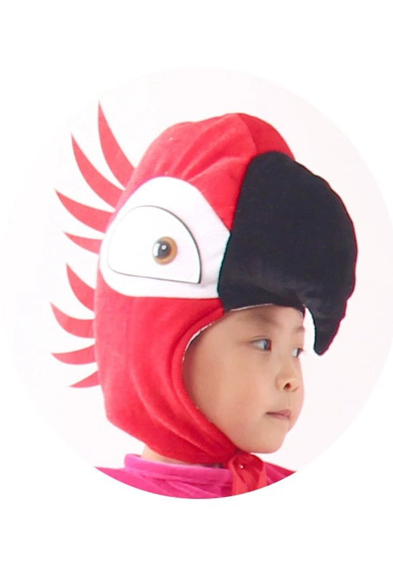 Kids red parrot headpiece with tall pink crest feathers and black 3D beak, front view