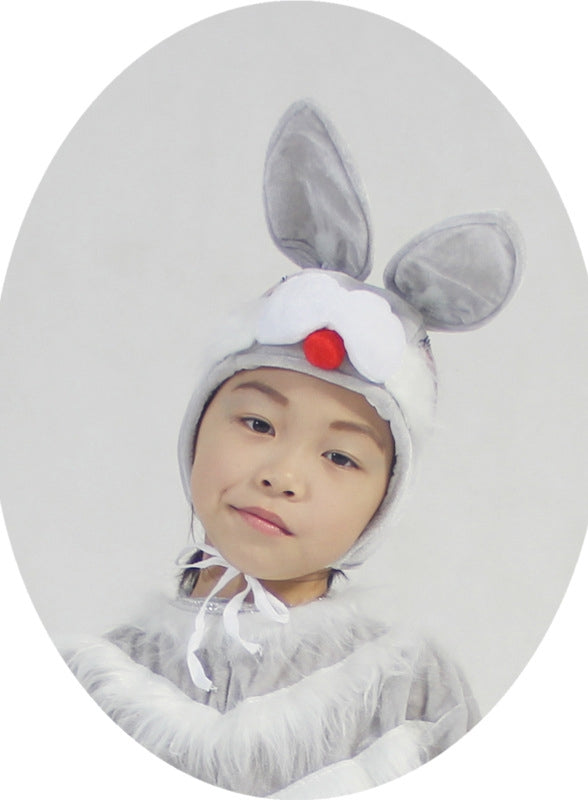 Kids rabbit headband costume with upright grey plush ears, fluffy white trim and red pom-pom nose on a child model