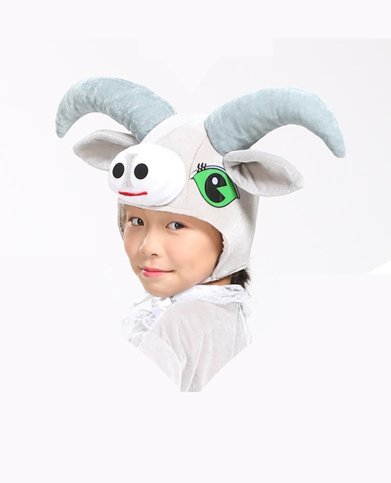 Kids white plush goat headpiece with curved ram horns, floppy ears and winking appliqué face