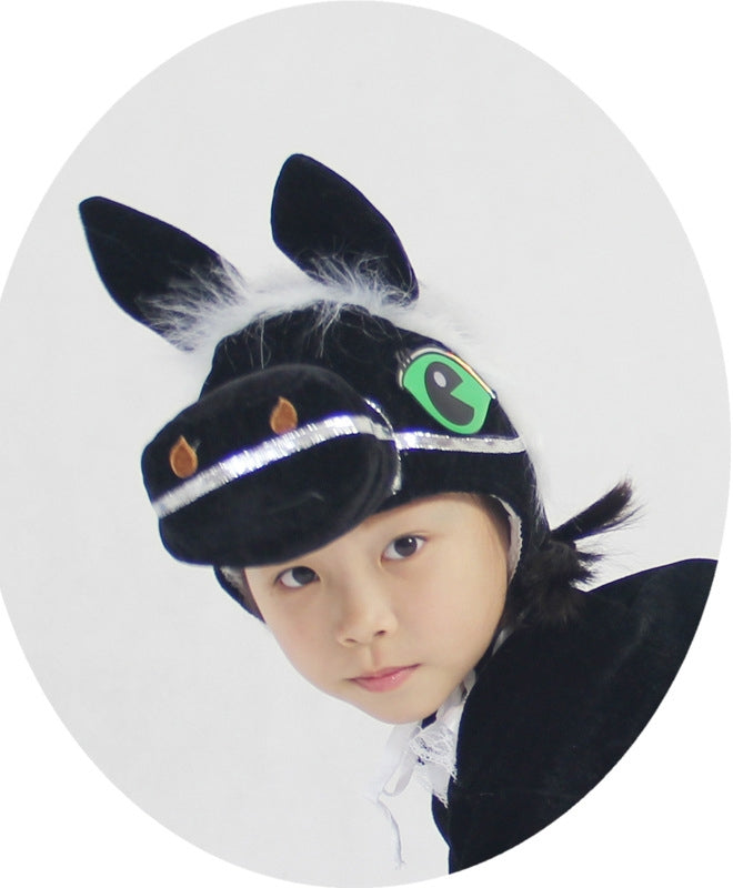 Kids black horse headpiece with white faux fur mane and 3D muzzle, front view on child model