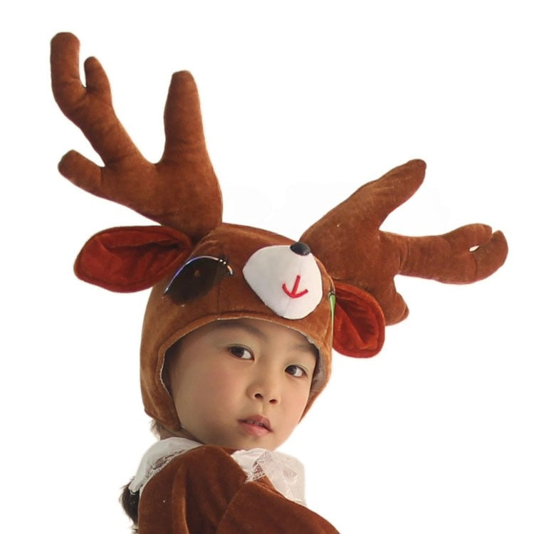 Kids brown plush reindeer headpiece with sculptural multi-point antlers, drop ears and white face circle with red nose detail