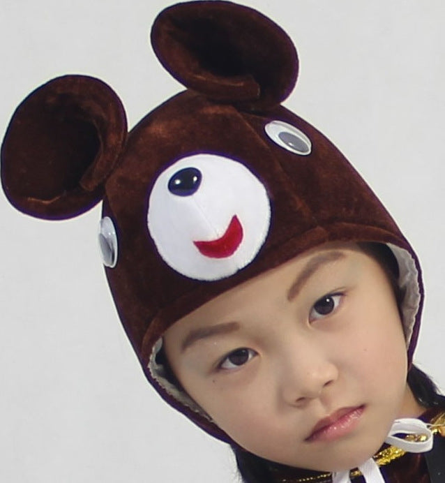 Kids brown bear hood with wire-supported rounded ears, embroidered face panel and braided chin ties on child model