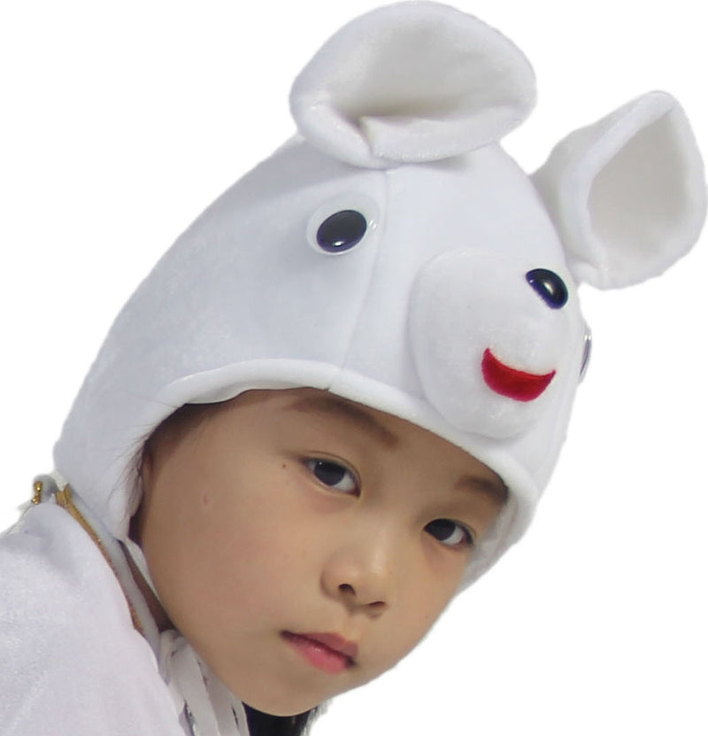 Kids white bear headpiece with padded 3D upright ears and embroidered facial features on a child model