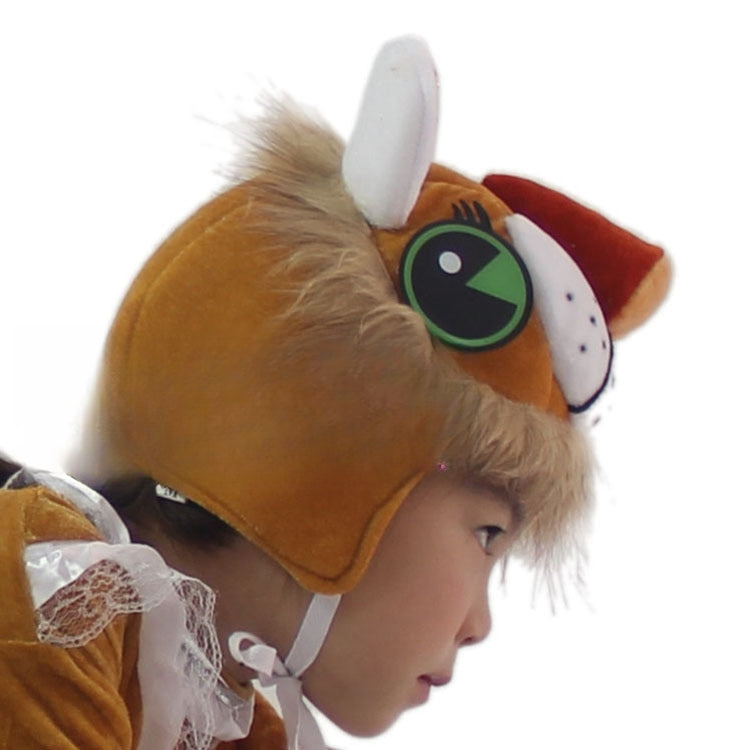 Kids lion headpiece with fluffy caramel faux fur mane, foam ears and cartoon eyes on a child model