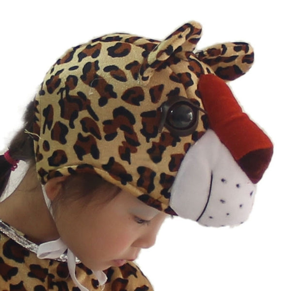 Kids leopard headpiece with sculpted 3D muzzle, black-tipped ears and golden-tan spotted plush print, front view
