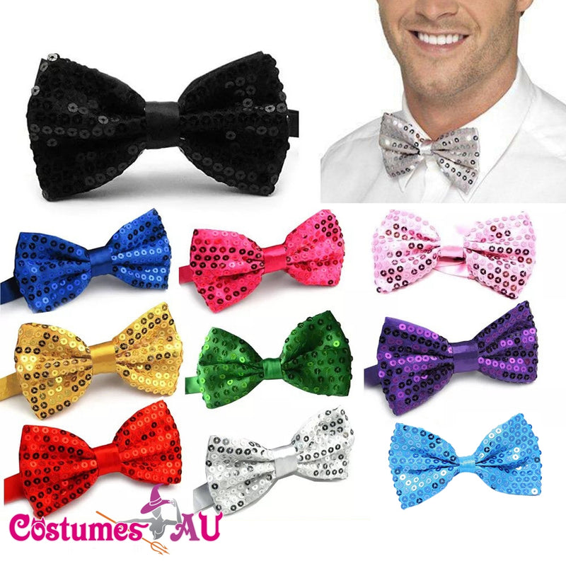 Sequin clip-on bow tie in black butterfly shape on white background