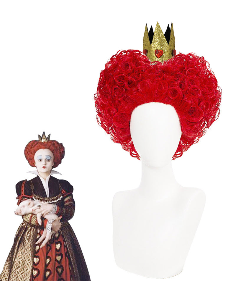 Womens Queen of Hearts Wig with Crown - Red Curly Costume Accessory