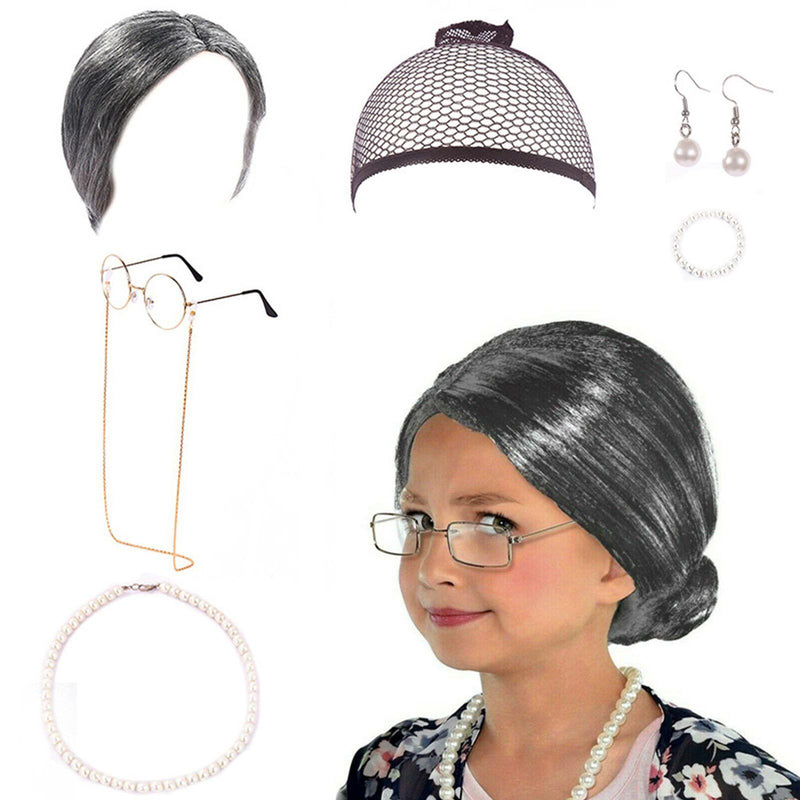 Kids and Adults 100 Days of School Granny Costume Set in grey — includes wig, round glasses, glasses chain, pearl necklace, bracelet, and earrings laid out on display
