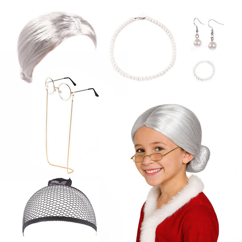 Kids and adults 100 Days of School granny costume set in silver — includes wig, round glasses, glasses chain, pearl necklace, bracelet, and earrings