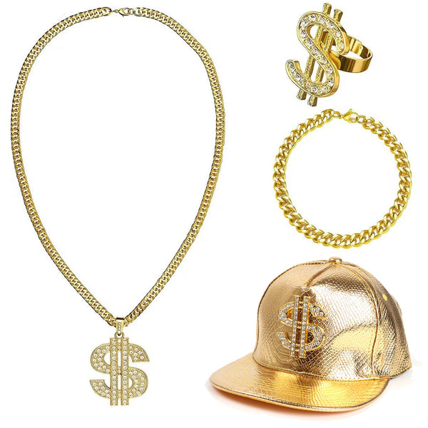 Adult Hip-Hop Costume Accessory Set - Gold Dollar Sign Cap Necklace Bracelet Ring