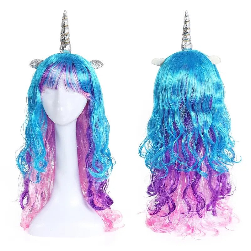 Girls Unicorn Wave Pony Wig with Silver Horn