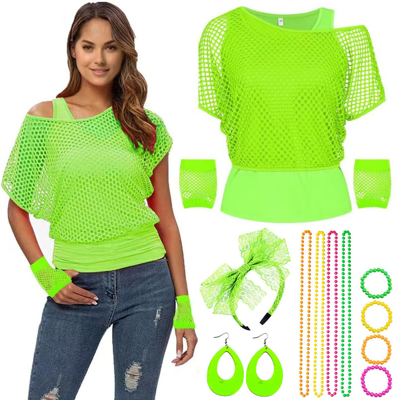 Womens 80s Neon Costume Accessories Set - Green Fishnet Top & Jewellery