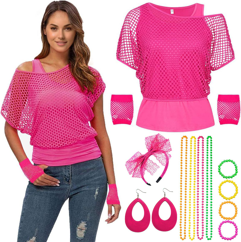 Womens 80s Costume - Neon Pink Fishnet Top with Accessories Set