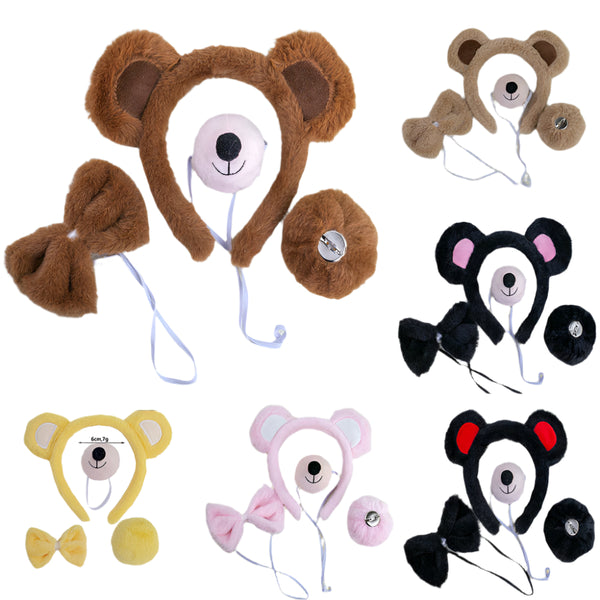 Kids and Adults Bear Costume Accessory Set - 4-Piece Teddy Bear Ears Tail Bowtie Nose
