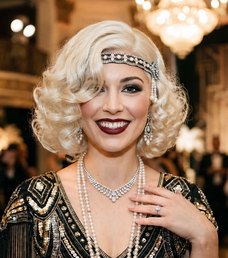 Adult platinum blonde 1920s flapper wig with finger-wave bob styling, front view