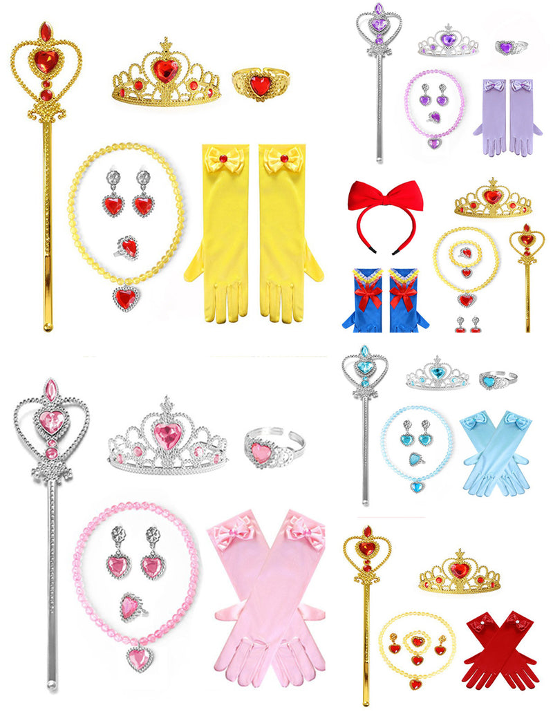 Kids Princess Accessories Set - 6-Piece Tiara Wand Jewellery Gloves