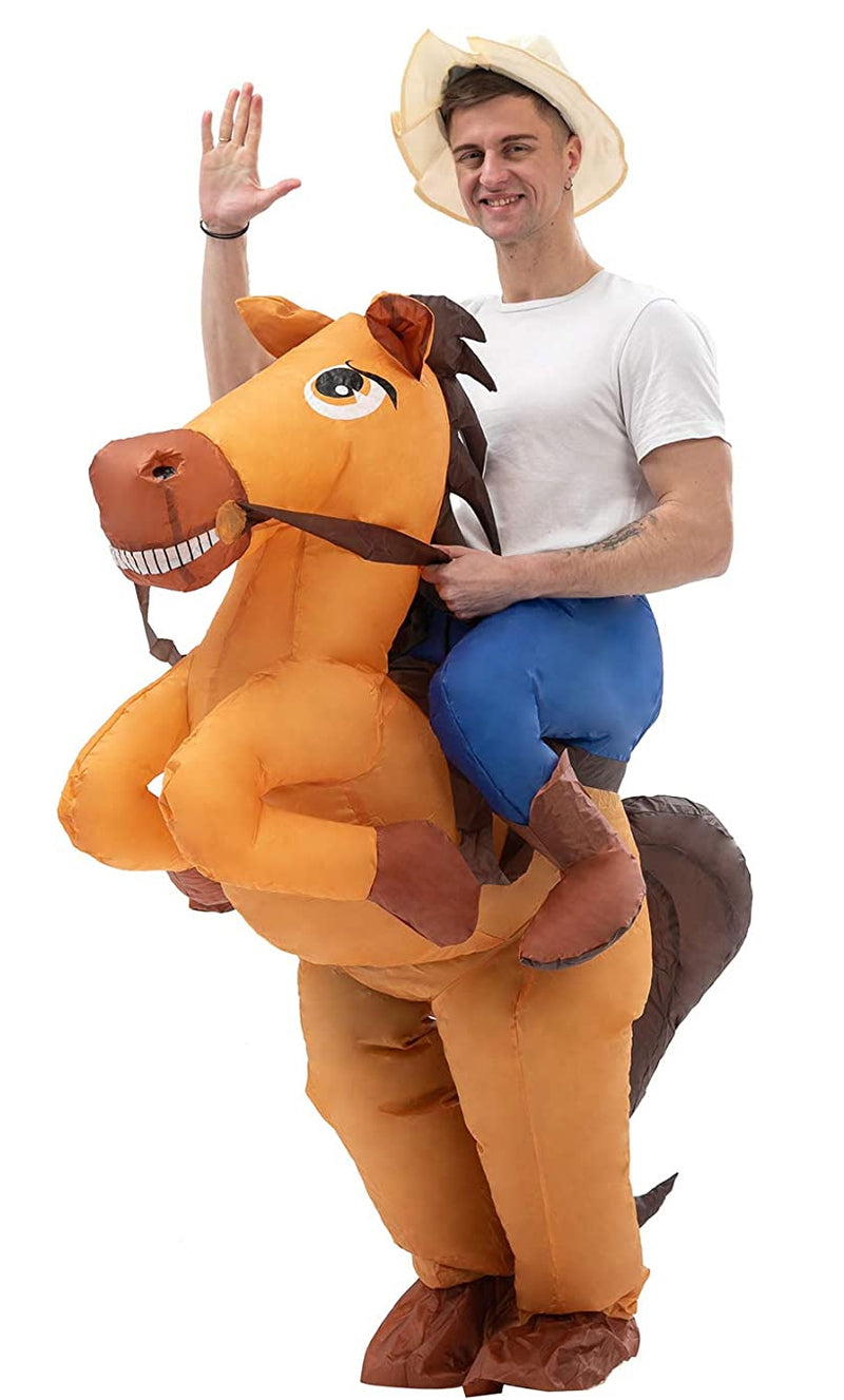 Adult inflatable horse costume - ride-on cowboy ranch suit with tan cowboy hat