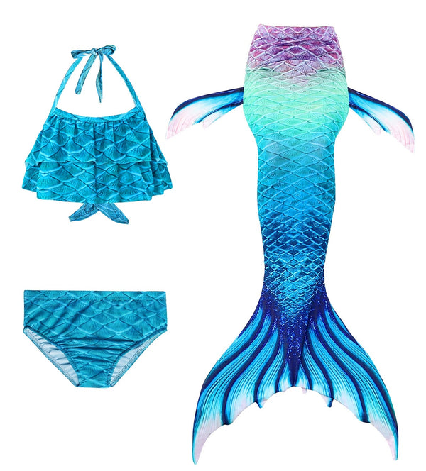 Kids mermaid tail swimsuit set with turquoise bikini and gradient blue-purple swimmable tail with monofin