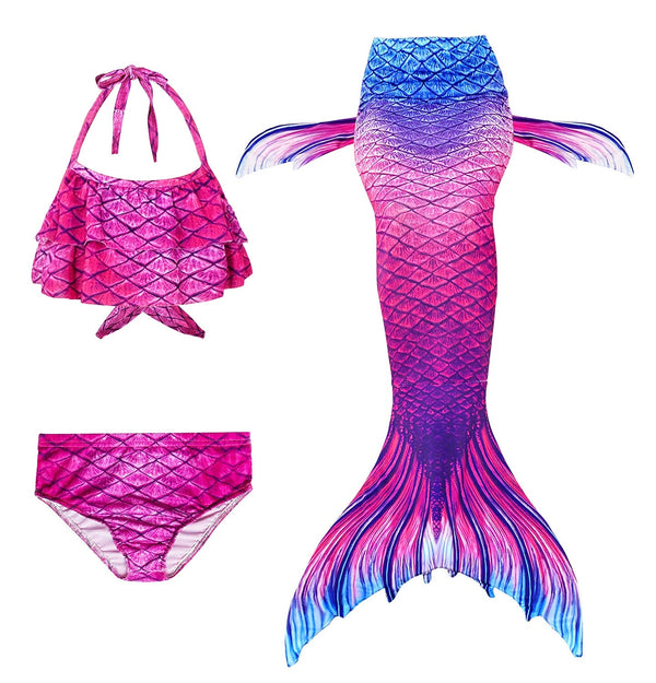Hot pink mermaid swimsuit with gradient tail in pink, purple and blue