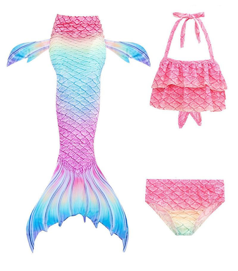 Kids rainbow ombré mermaid tail swimsuit with halter bikini top and monofin