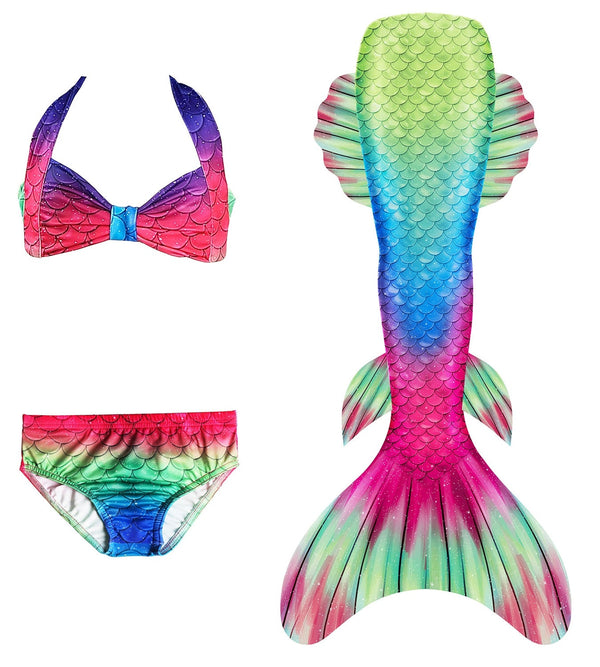 Kids rainbow mermaid tail costume with swimmable monofin and halter bikini top in holographic scales