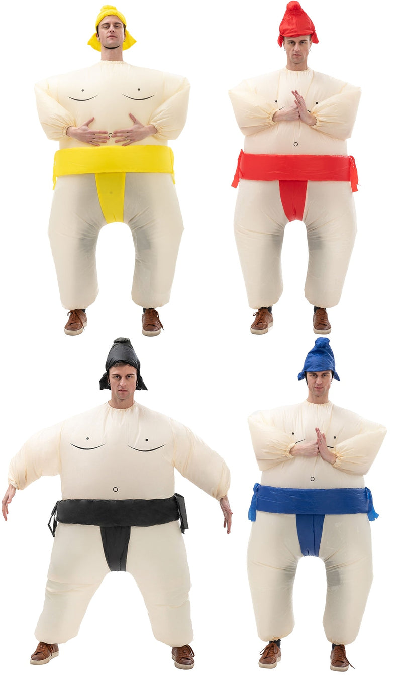 Adult inflatable sumo wrestler costume with yellow belt and topknot hat, full body view