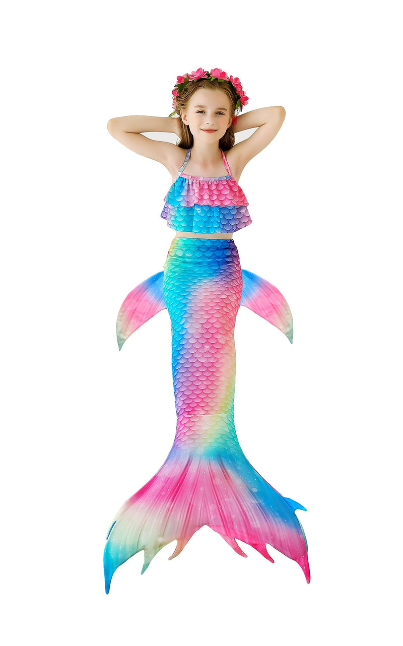 Kids rainbow mermaid tail swim costume with halter bikini and black monofin on white background