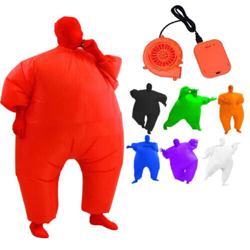 Adult wearing full-body inflatable sumo wrestler costume in bright color with battery fan pack at waist