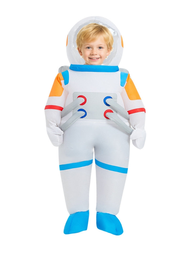 Kids inflatable astronaut costume with clear dome helmet and white suit with blue trim