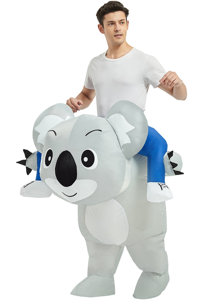 Adult inflatable koala ride-on costume front view showing light grey body, white belly panel and round ears