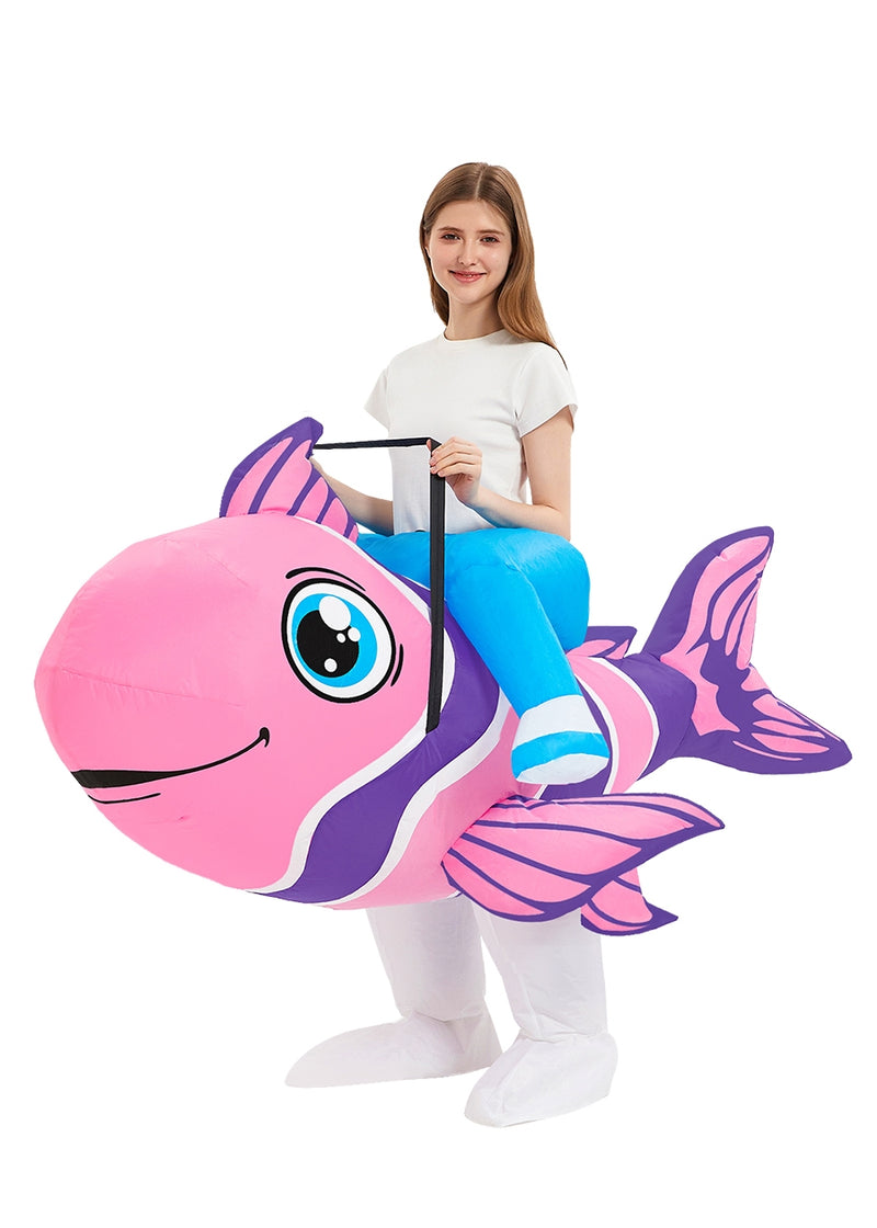 Adult inflatable fish costume in pink and purple, ride-on ocean illusion suit with cartoonish smiling face