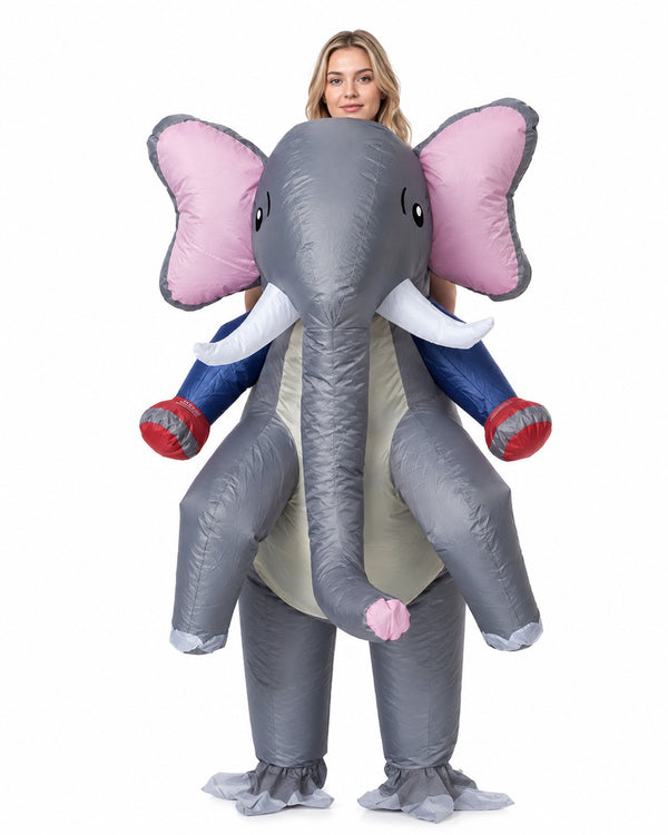 Adult inflatable elephant costume front view showing grey body, pink ears, white tusks, and ride-on illusion with boxing glove hands