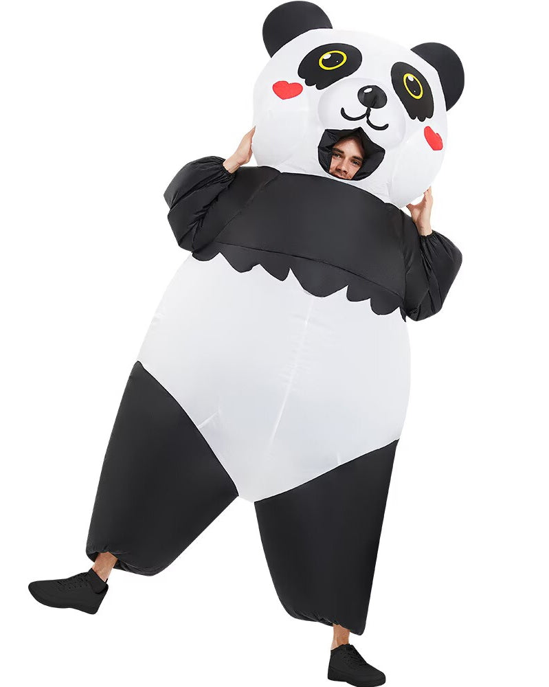 Kids inflatable panda costume full body view with black and white markings