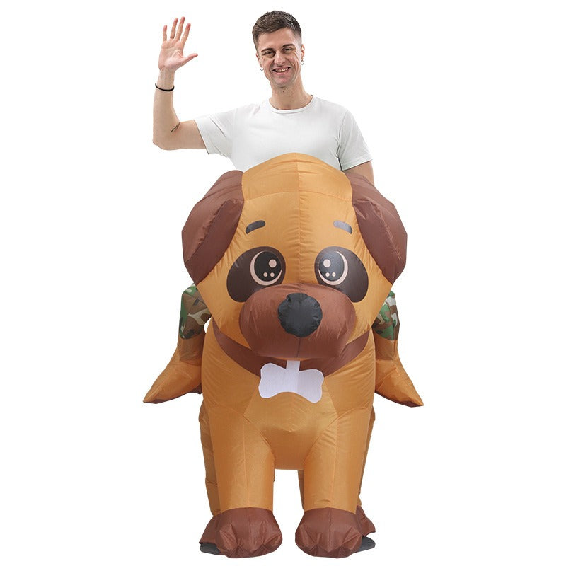 Adult inflatable ride on dog costume front view brown puppy with bone collar and camo saddle