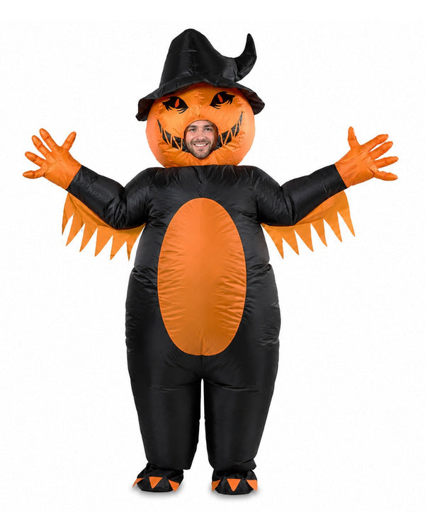 Adult inflatable pumpkin witch costume with oversized jack-o-lantern head and black witch hat