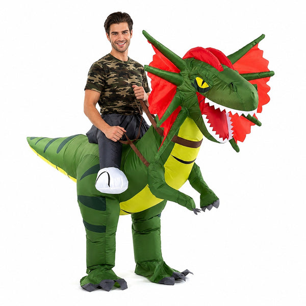 Adult wearing green inflatable dragon ride-on costume with red neck frill and horned head