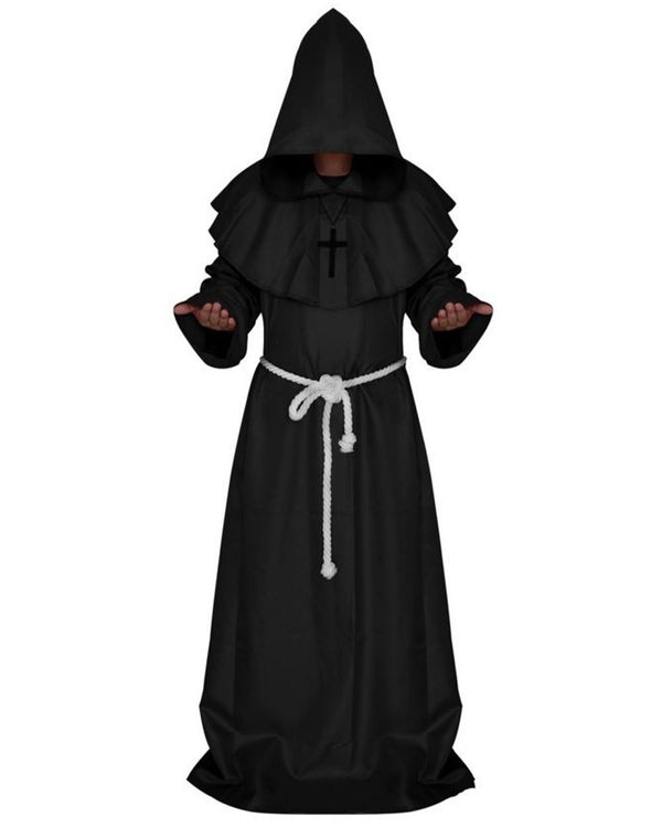 Adult in full-length black Medieval Monk costume with pointed hood and white rope belt