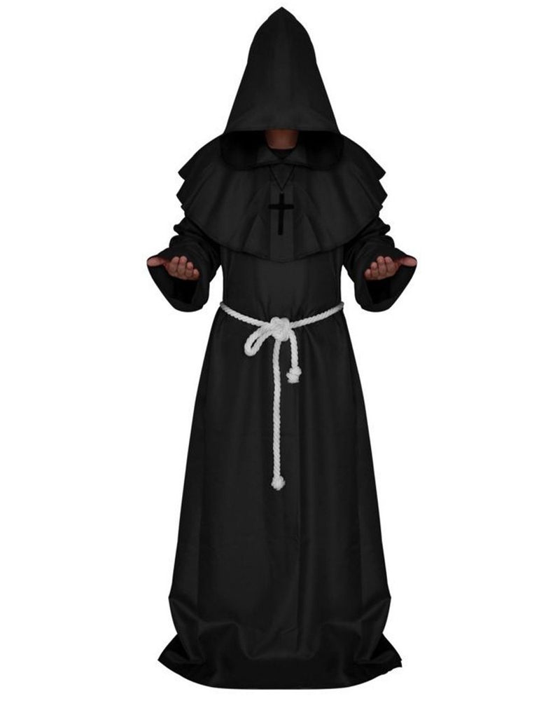 Adult in full-length black Medieval Monk costume with pointed hood and white rope belt