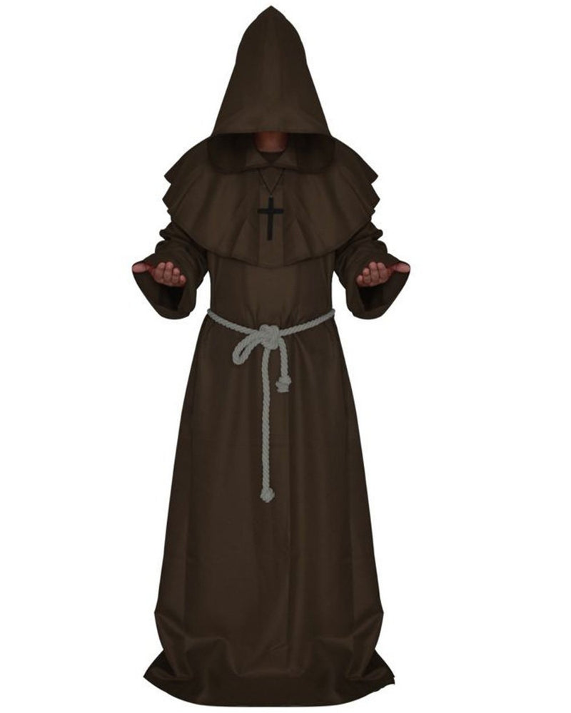 Adult medieval monk costume with pointed hood and cross capelet