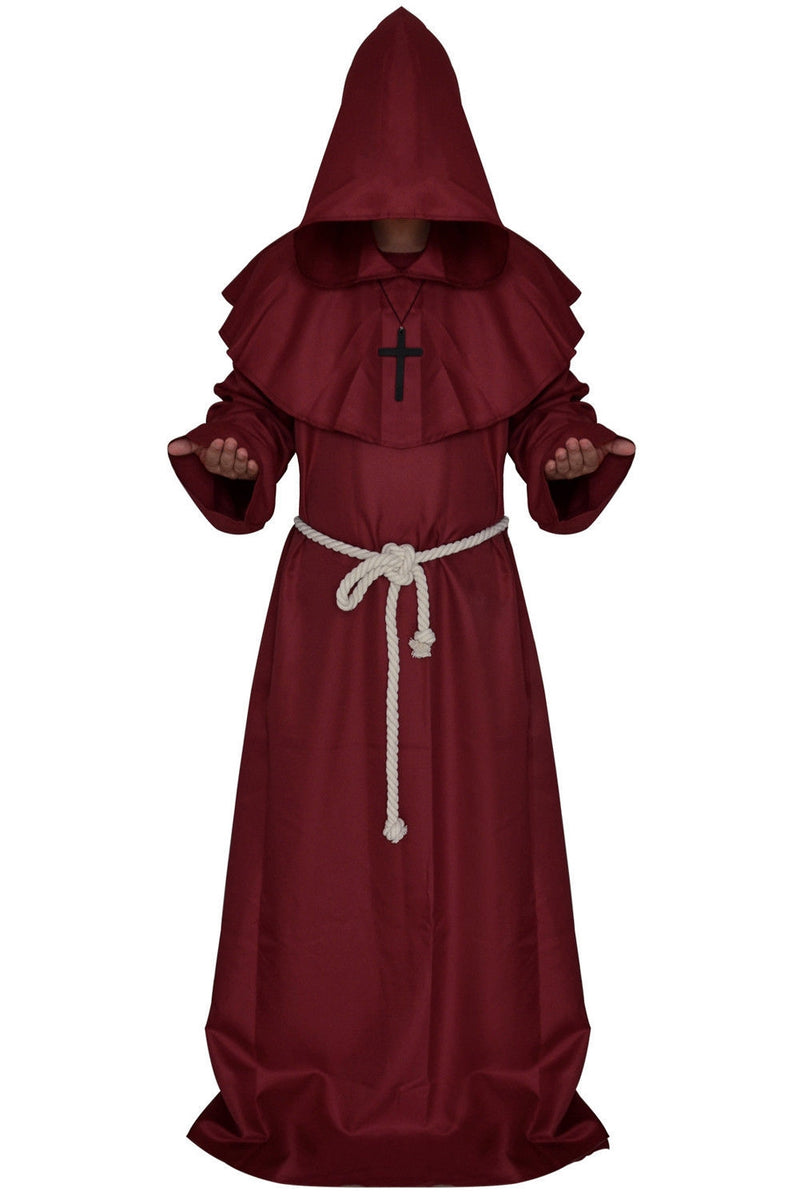 Adult wearing wine-red hooded monk robe costume with capelet and cross necklace, front view