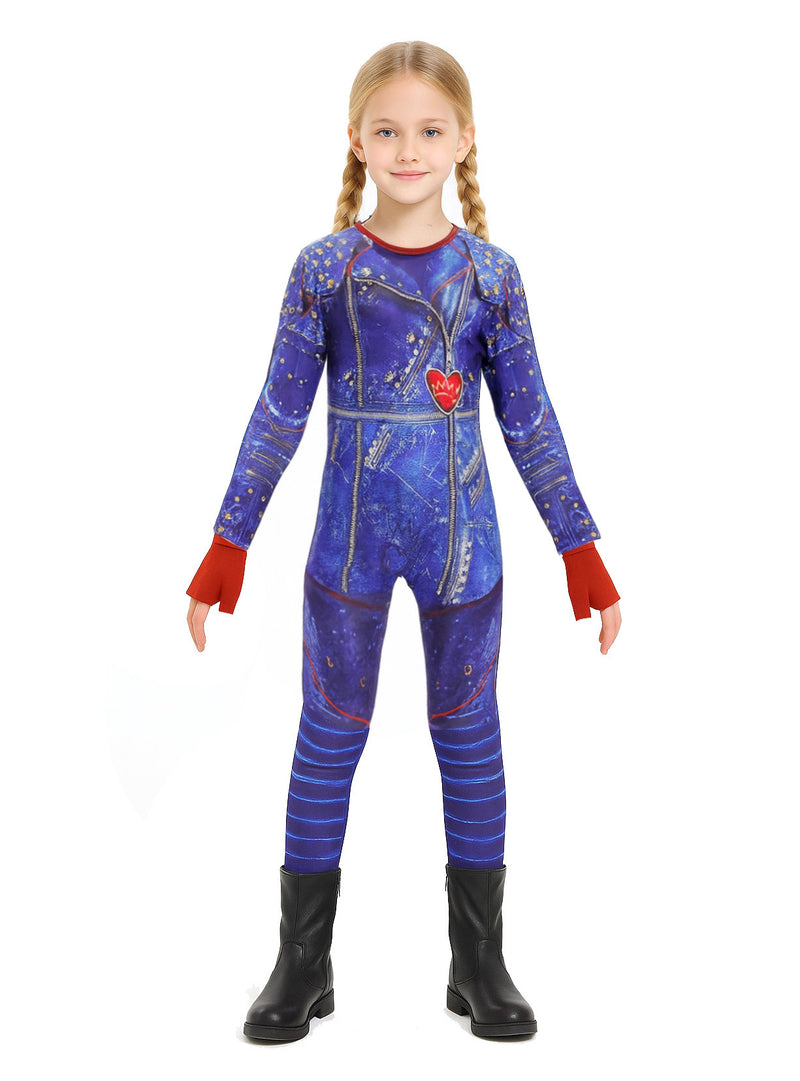 Kids Blue Rocker Costume - Edgy Princess Jumpsuit with Gloves
