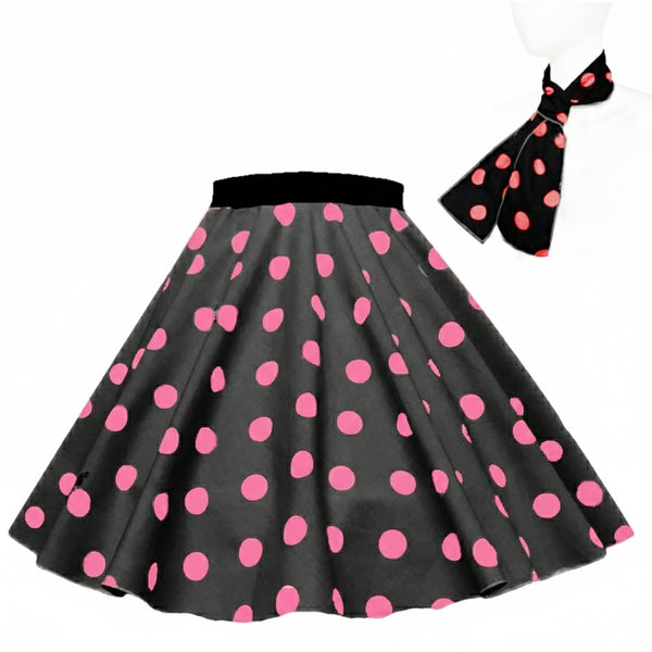 Black circle skirt with pink polka dots and matching neck scarf on white background