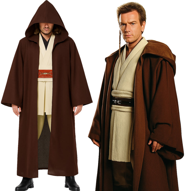 Adult in brown hooded Space Knight Knight cloak with cream tunic and belt