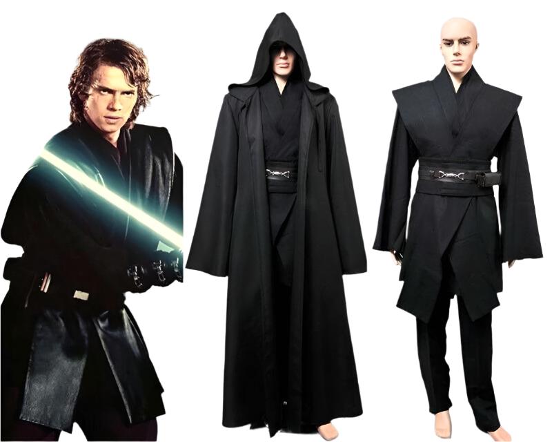 Adult in full black Dark Galaxy Warrior costume with hooded robe and tunic, front view