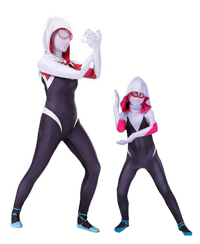 Womens spider hero costume in black white and red with hooded jumpsuit