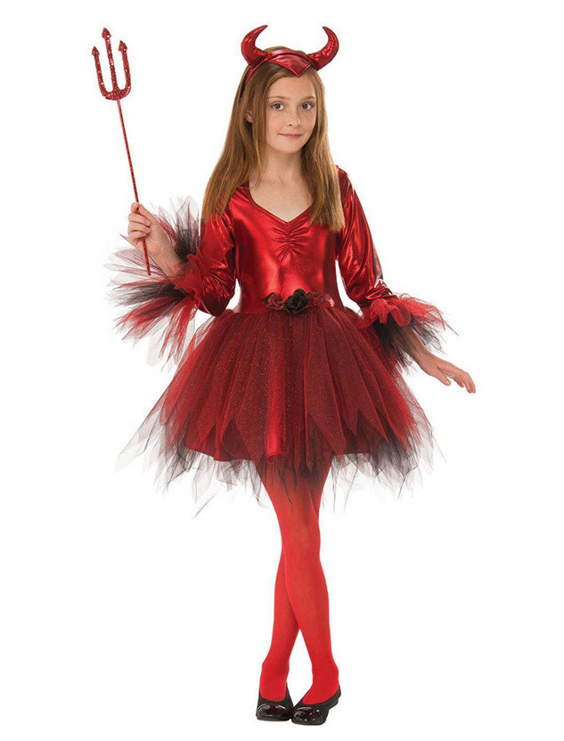 Red devil costume dress with flame-effect jagged hemline and matching horn headband for girls