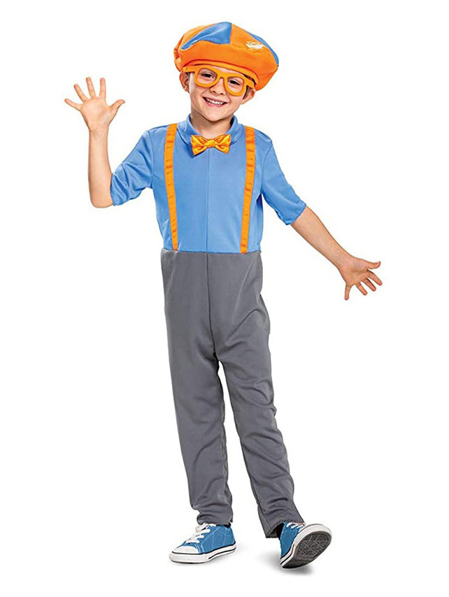 Kids TV educator costume in bright blue and orange with cap and glasses